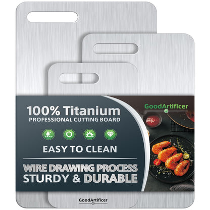Titanium Cutting Boards Set of 3, 100% Pure Titanium Kitchen Cutting Board, Double-Sided Non-Toxic Cutting Board, Ideal for Slicing and Dicing Meats, Features Handle, Dishwasher Safe
