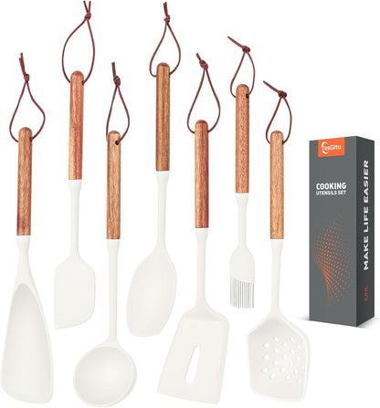 Silicone Cooking Utensils Set of 7, Wooden Handle (White)