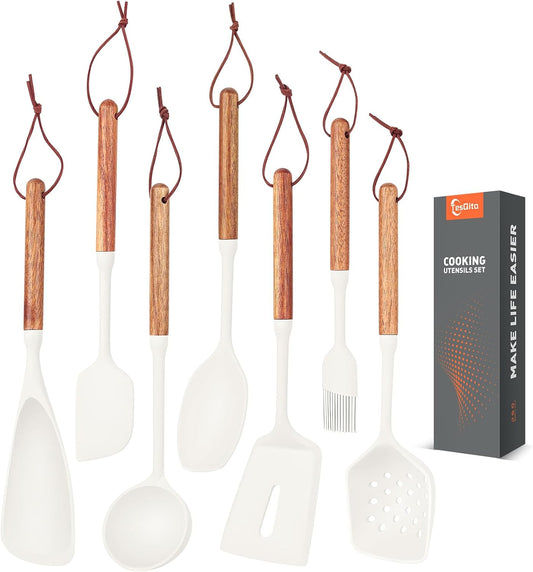 Silicone Cooking Utensils Set of 7, Wooden Handle (White)
