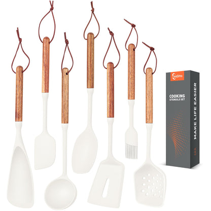 Silicone Cooking Utensils Set of 7, Wooden Handle (White)