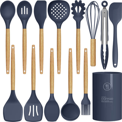 oannao Silicone Cooking Utensils Set - 446°F Heat Resistant Silicone Kitchen Utensils for Cooking,Kitchen Utensil Spatula Set w Wooden Handles, BPA FREE Gadgets for Non-Stick Cookware (Khaki)