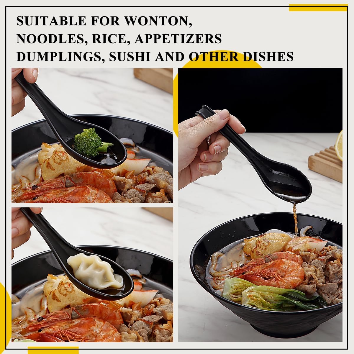 Berglander Asian Soup Spoons 12pcs, Plastic Chinese Won Ton Soup Spoon For Soba, Pho, Noodle, Japanese Ramen, Chinese and Vietnamese Wonton, Korean Style Large Spoon with Long Handle