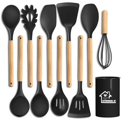 Silicone Cooking Utensil Set,10 PCS Cooking Kitchen Utensils Set, Nonstick Kitchen Utensils 446°F Heat-Resistant Cookware Tools of Spoon,Brush,Whisk,Spatula,Turner Tongs (Khaki)