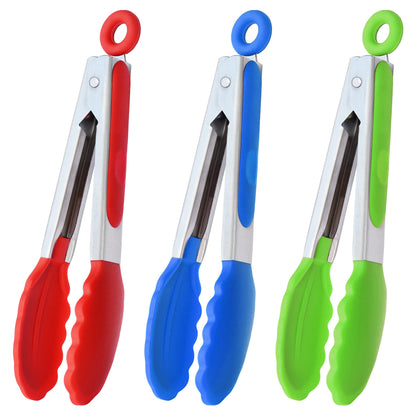 HINMAY Small Silicone Tongs 7-Inch Mini Serving Tongs, Set of 3 (Black Gray White)