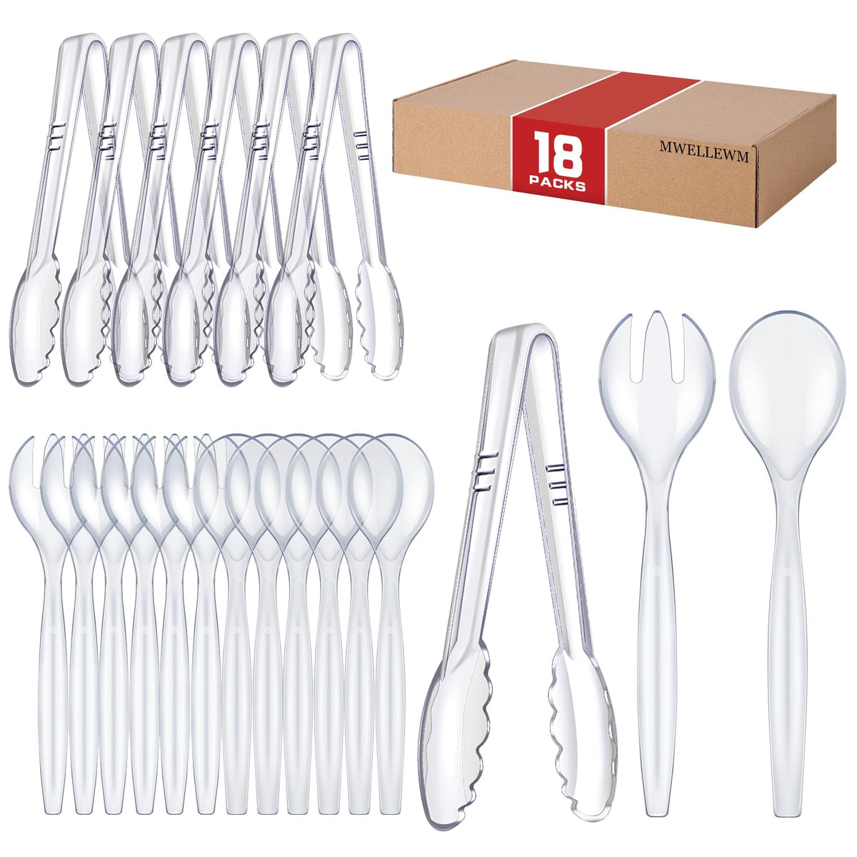 Mwellewm Plastic Serving Utensils Set, Disposable Tongs Spoons for Buffet