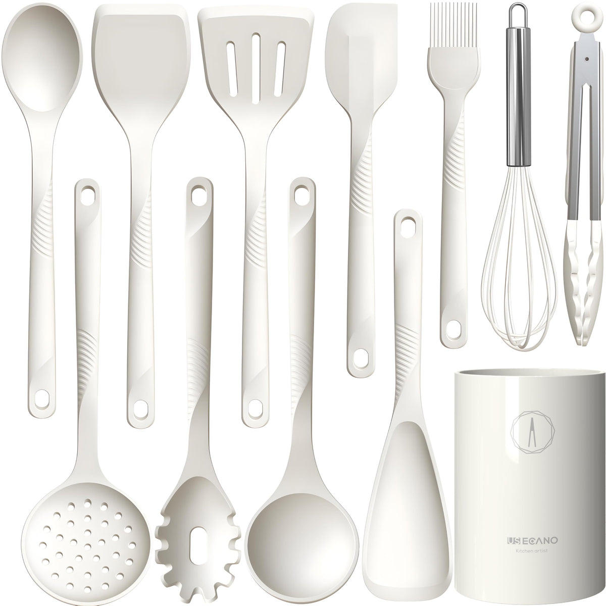 Silicone Cooking Utensils Set - 600°F Heat Resistant, Nonstick Kitchen Utensil Set with Spatulas, Spoons, Whisk, Tongs, BPA Free, Dishwasher Safe, Black