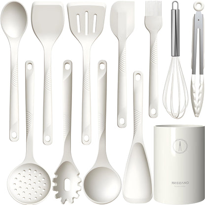 Silicone Cooking Utensils Set - 600°F Heat Resistant, Nonstick Kitchen Utensil Set with Spatulas, Spoons, Whisk, Tongs, BPA Free, Dishwasher Safe, Black