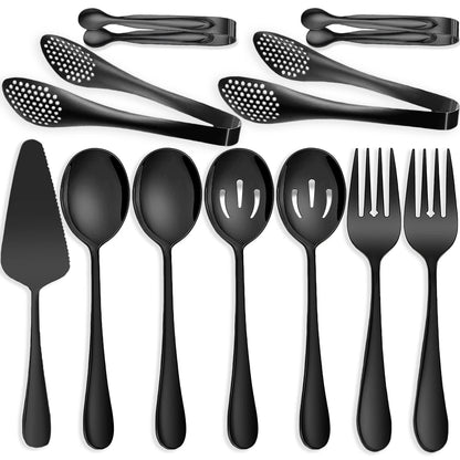 6 PCS Stainless Steel Serving Utensils, Large Serving Spoons Slotted Spoons, Forks, Ice Suger Tongs, Cake Server, Soup Ladle, Metal Utensils Set Great for Buffet Catering Banquet Party, Silver