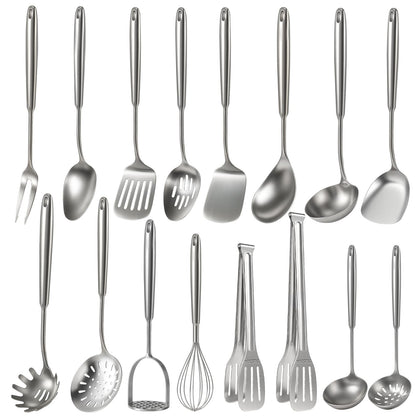 Newness 10 Pcs Cooking Utensils Set,18/8 304 Stainless Steel Kitchen Utensils Set, Metal Kitchen Accessories, Include Soup Ladle, Slotted Skimmer Spoon, Spaghetti Spoon, Spatula, Tongs,Dishwasher Safe
