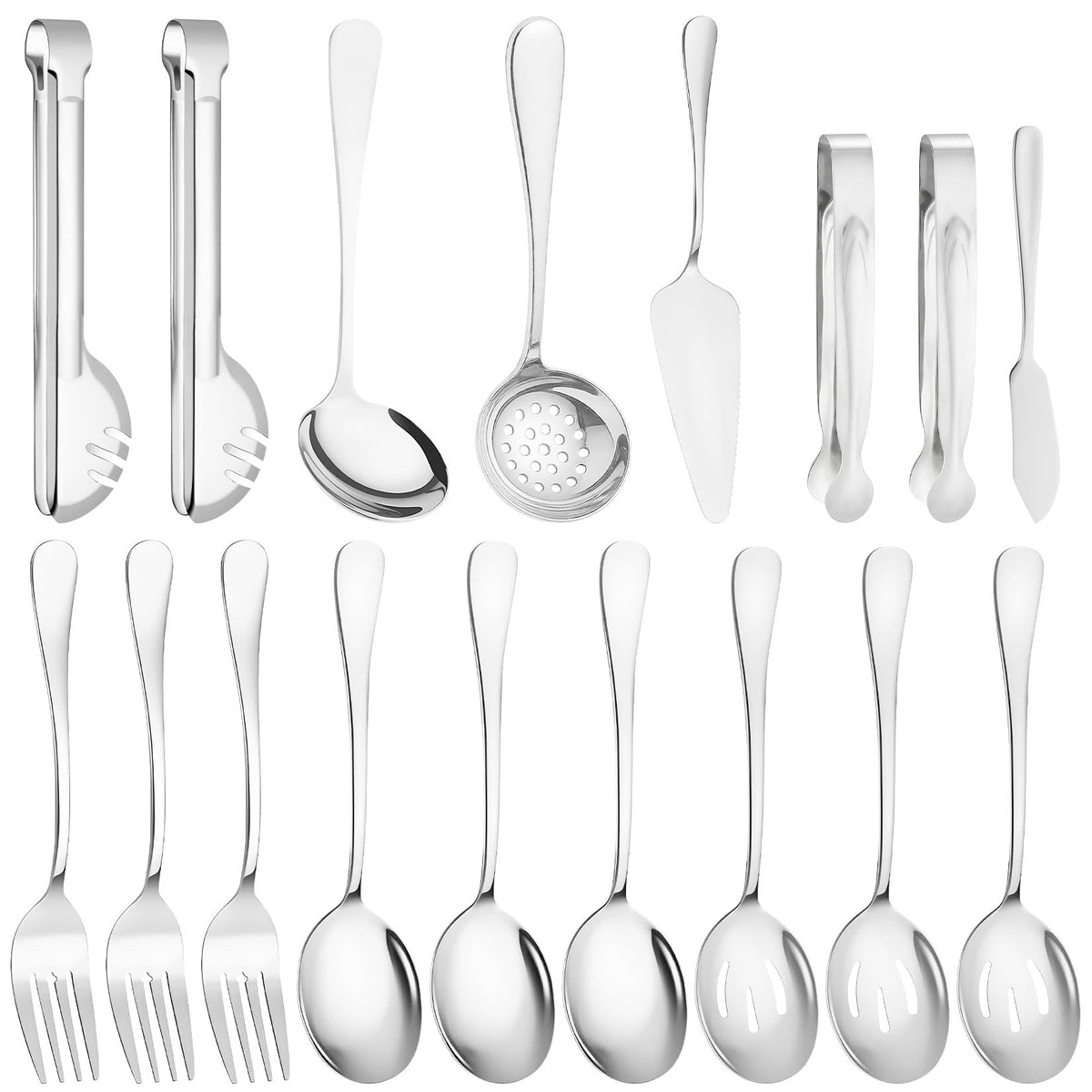 12 Pcs Silver Serving Utensils Set - Stainless Steel Large Serving Spoons, Slotted Spoons, Forks, Tongs, Soup Ladle & Pie Server - Metal Buffet Utensils for Parties, Catering, Wedding, Dishwasher Safe