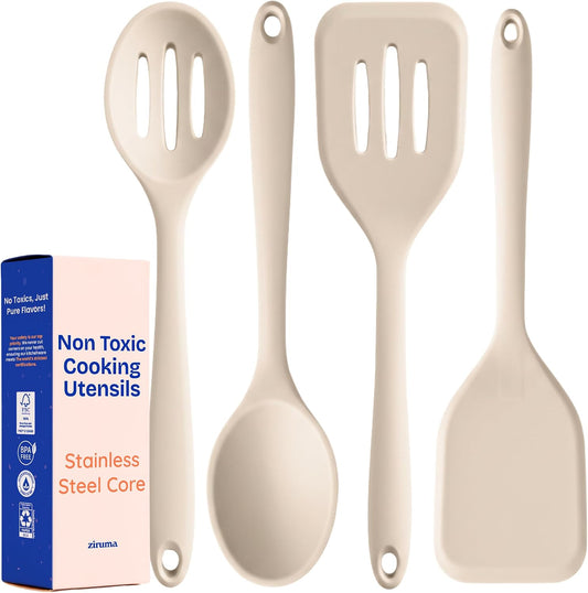 NonToxic Platinum Silicone Utensils, 100% Plastic-Free, 4-Pcs, Beige