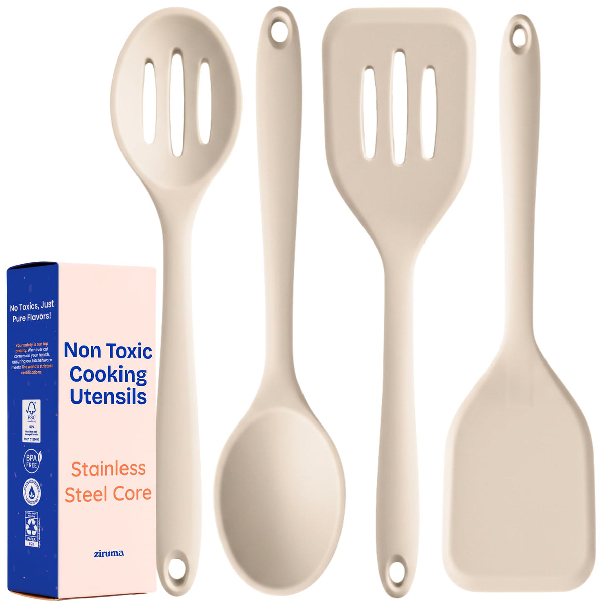 NonToxic Platinum Silicone Utensils, 100% Plastic-Free, 8-Pcs, Beige