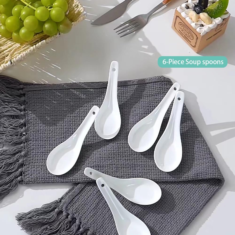 Soup Spoons Set of 6, Asian Ceramic Soup Spoons 5.3" Ramen Spoons