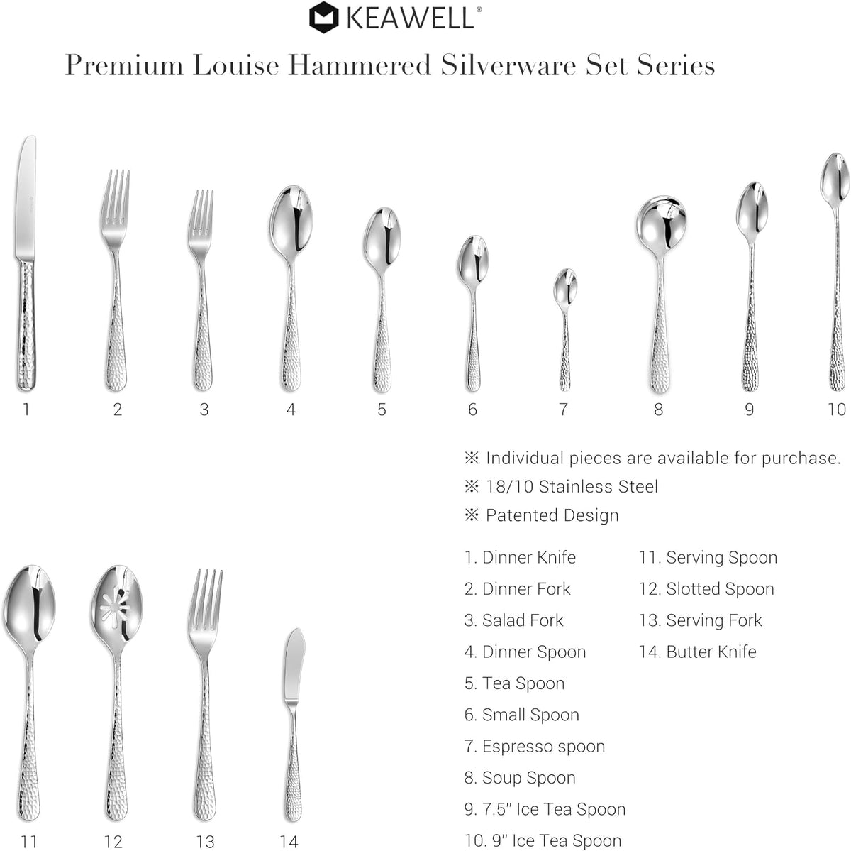 KEAWELL Premium Louise Hammered 4-Piece Soup Spoon Set (7" Soup Spoons)