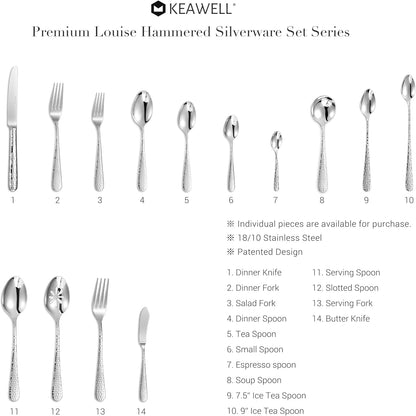 KEAWELL Premium Louise Hammered 4-Piece Soup Spoon Set (7" Soup Spoons)