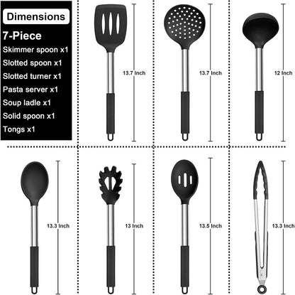 E-far Silicone Cooking Utensils Set, 7-Piece Black Kitchen Utensils Set