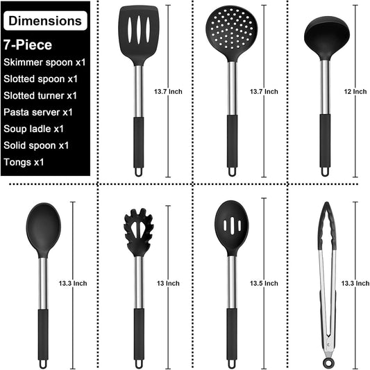 E-far Silicone Cooking Utensils Set, 7-Piece Black Kitchen Utensils Set