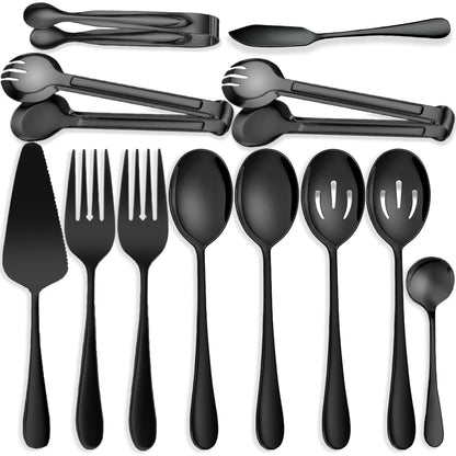 6 PCS Stainless Steel Serving Utensils, Large Serving Spoons Slotted Spoons, Forks, Ice Suger Tongs, Cake Server, Soup Ladle, Metal Utensils Set Great for Buffet Catering Banquet Party, Silver