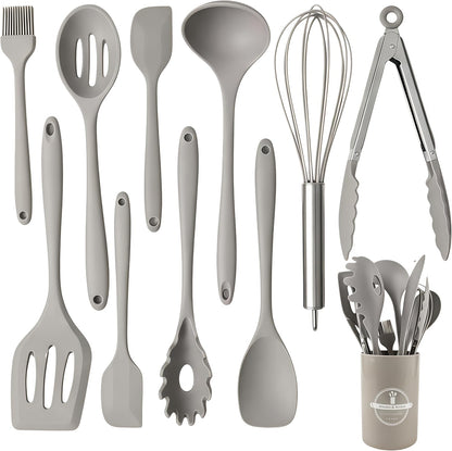 Silicone Kitchen Utensils Set,10 PCS Cooking Kitchen Utensils Set, Nonstick Kitchen Utensils 446°F Heat-Resistant Cookware Kitchen Tools of Spoon,Brush,Whisk,Spatula,Turner Tongs(Khaki)