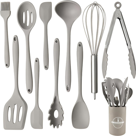 Silicone Kitchen Utensils Set,10 PCS Cooking Kitchen Utensils Set, Nonstick Kitchen Utensils 446°F Heat-Resistant Cookware Kitchen Tools of Spoon,Brush,Whisk,Spatula,Turner Tongs(Khaki)