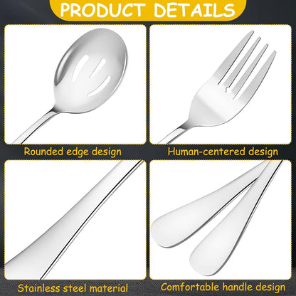 12 Pcs Silver Serving Utensils Set - Stainless Steel Large Serving Spoons, Slotted Spoons, Forks, Tongs, Soup Ladle & Pie Server - Metal Buffet Utensils for Parties, Catering, Wedding, Dishwasher Safe
