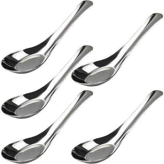 5 count 6" Stainless Steel Soup Spoons, Mirror Polished Long Handle Ramen Spoons for Bouillon Dessert Cereal Wonton Thai Miso Udon