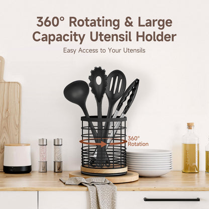 Silicone Kitchen Utensils Set with 360° Rotating 7.3'' Large Holder