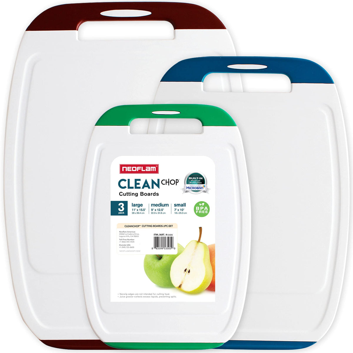 Neoflam Microban Protection Cutting Board 3 Piece Set, Stain & Odor/BPA Free, Reversable Board, Upgraded Larger Juice Groove, Non-Slip EZ Grip Handle, Dishwasher Safe,Grey