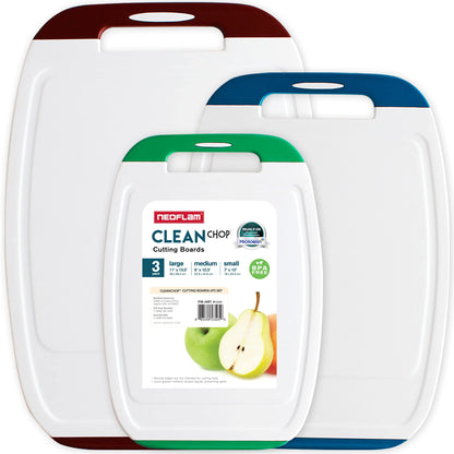 Neoflam Microban Protection Cutting Board 3 Piece Set, Stain & Odor/BPA Free, Reversable Board, Upgraded Larger Juice Groove, Non-Slip EZ Grip Handle, Dishwasher Safe,Grey