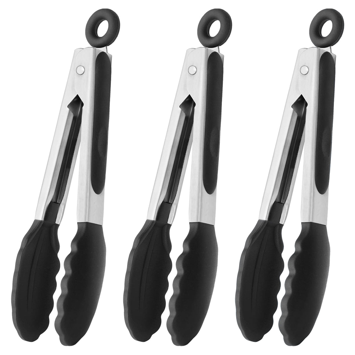 HINMAY Small Silicone Tongs 7-Inch Mini Serving Tongs, Set of 3 (Black Gray White)