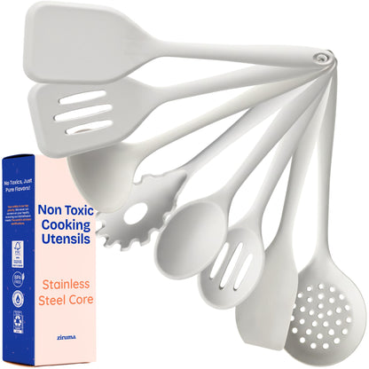 NonToxic Platinum Silicone Utensils, 100% Plastic-Free, 8-Pcs, Beige