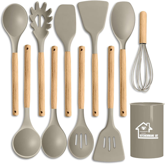 Silicone Cooking Utensil Set,10 PCS Cooking Kitchen Utensils Set, Nonstick Kitchen Utensils 446°F Heat-Resistant Cookware Tools of Spoon,Brush,Whisk,Spatula,Turner Tongs (Khaki)