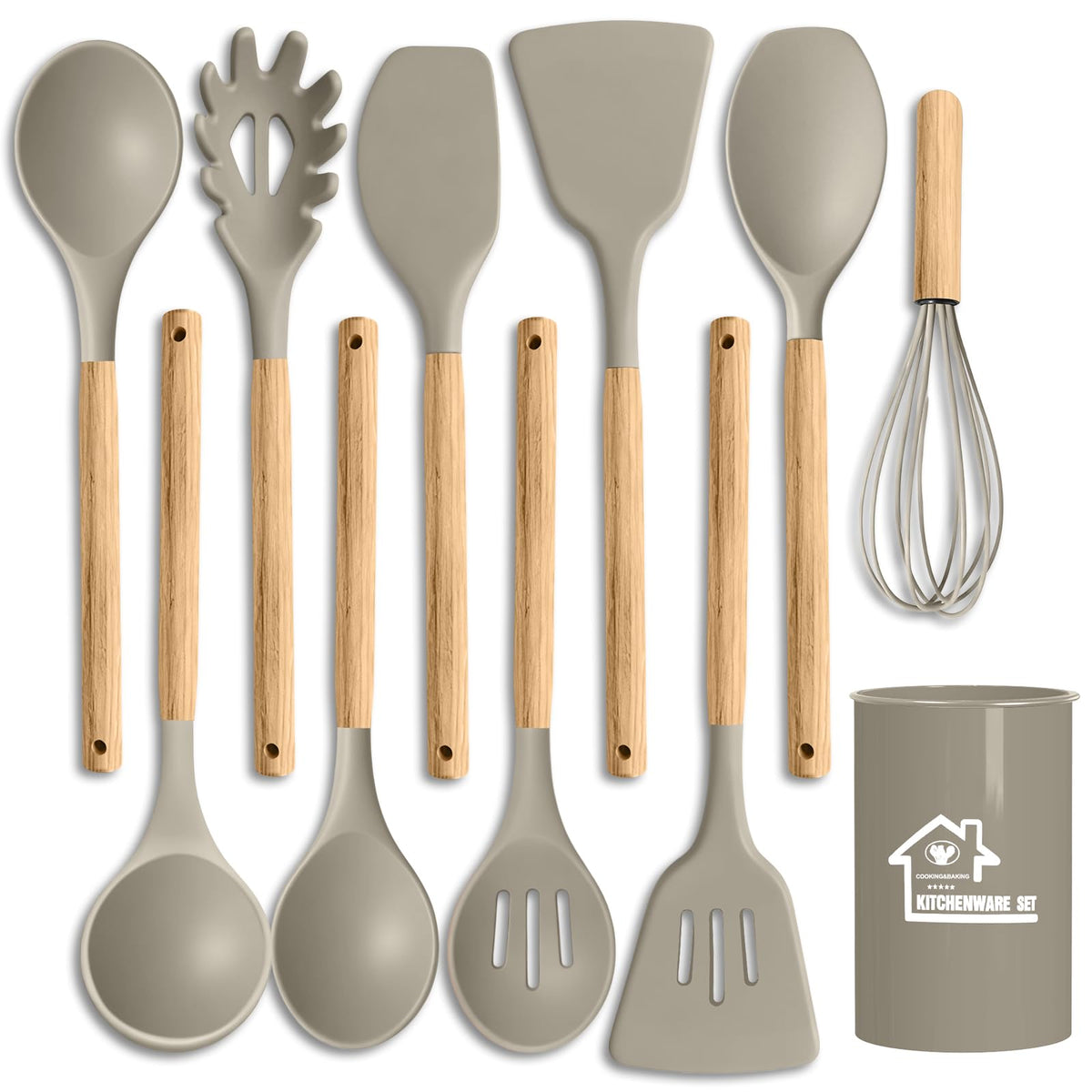 Silicone Cooking Utensil Set,10 PCS Cooking Kitchen Utensils Set, Nonstick Kitchen Utensils 446°F Heat-Resistant Cookware Tools of Spoon,Brush,Whisk,Spatula,Turner Tongs (Khaki)