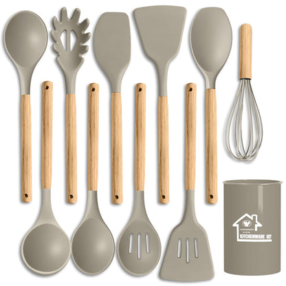 Silicone Cooking Utensil Set,10 PCS Cooking Kitchen Utensils Set, Nonstick Kitchen Utensils 446°F Heat-Resistant Cookware Tools of Spoon,Brush,Whisk,Spatula,Turner Tongs (Khaki)