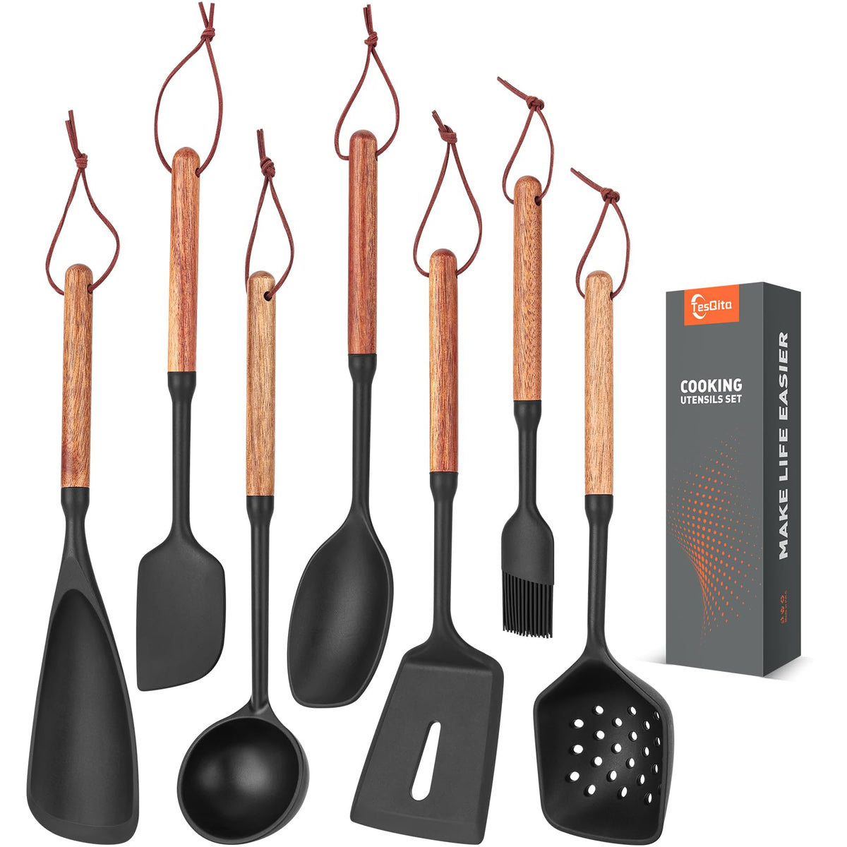 Silicone Cooking Utensils Set of 7, Wooden Handle (White)
