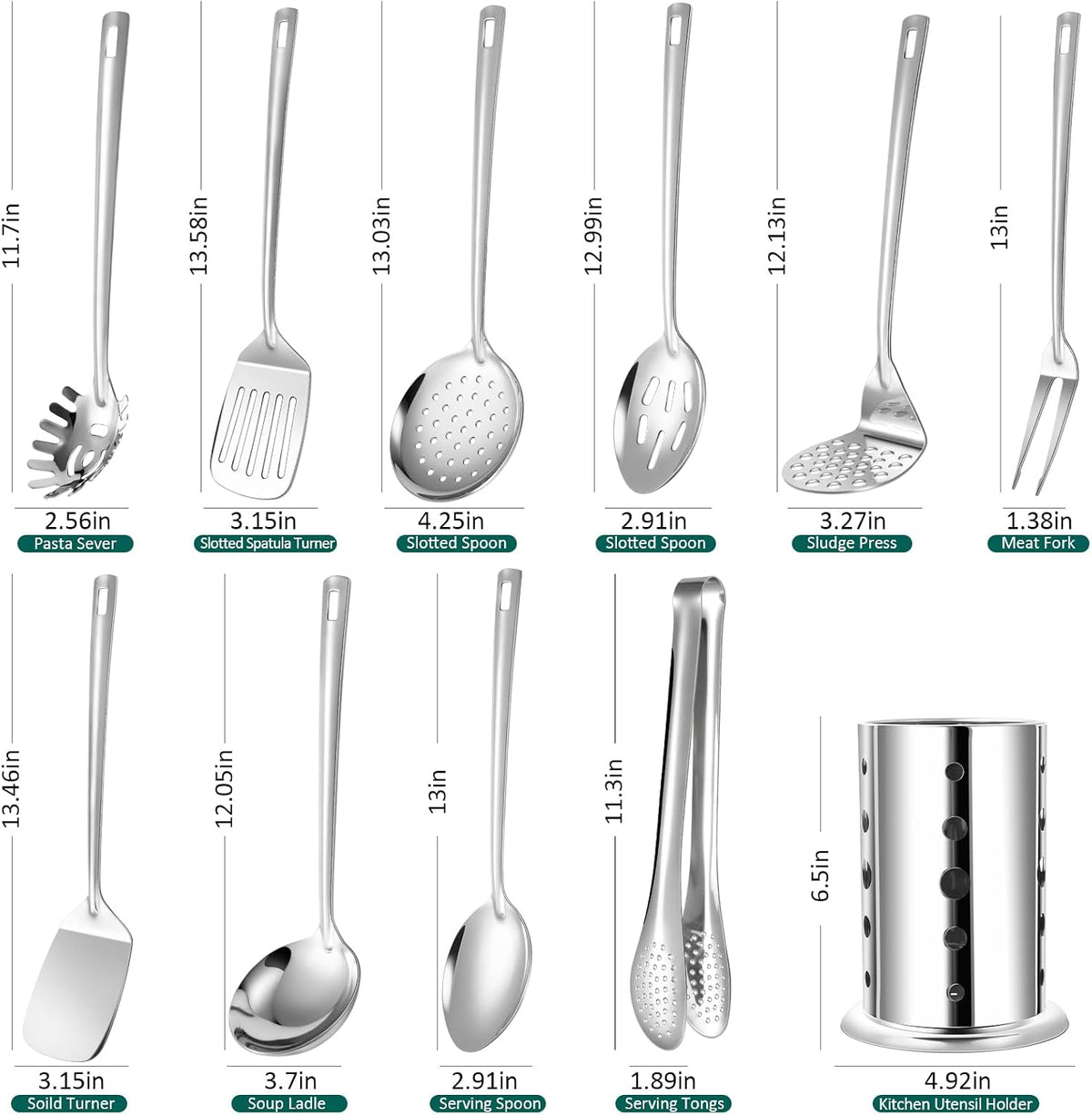 Lazycorner Kitchen Utensils Set, 11pcs Stainless Steel Cooking Utensils Set with Holder – Includes Turners, Potato Masher, Spatula, Spoons, Pasta Server, Tongs, Soup Ladle, Serving Spoon