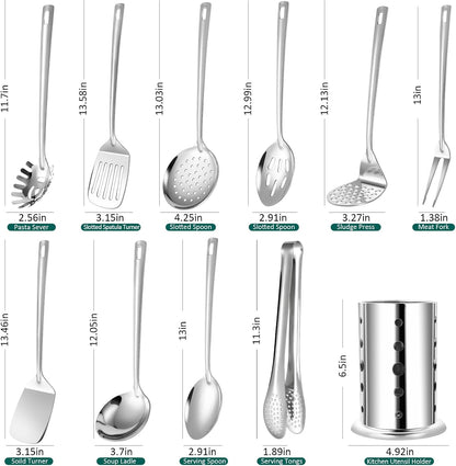 Lazycorner Kitchen Utensils Set, 11pcs Stainless Steel Cooking Utensils Set with Holder – Includes Turners, Potato Masher, Spatula, Spoons, Pasta Server, Tongs, Soup Ladle, Serving Spoon