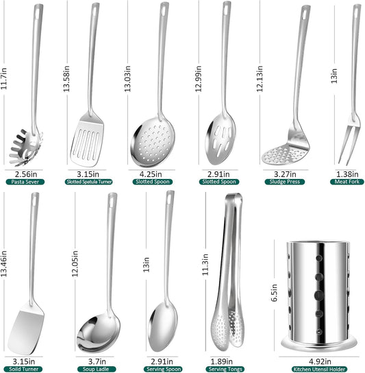 Lazycorner Kitchen Utensils Set, 11pcs Stainless Steel Cooking Utensils Set with Holder – Includes Turners, Potato Masher, Spatula, Spoons, Pasta Server, Tongs, Soup Ladle, Serving Spoon
