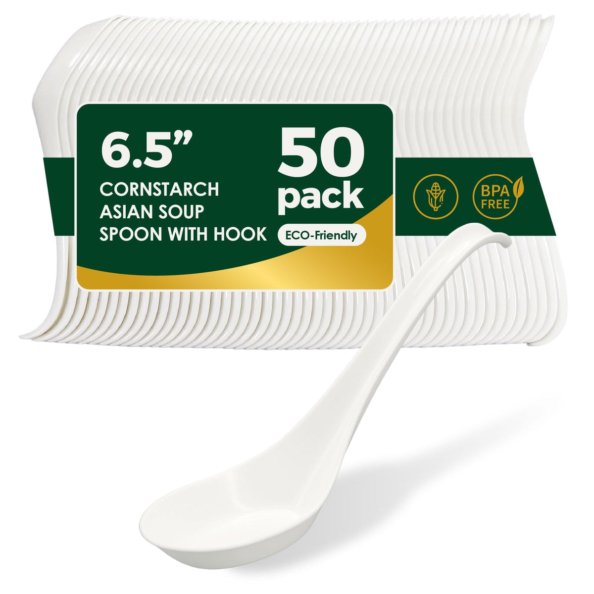 Disposable PLA Cornstarch Asian Soup Spoons with Hook Plastic-Free,600 Pack
