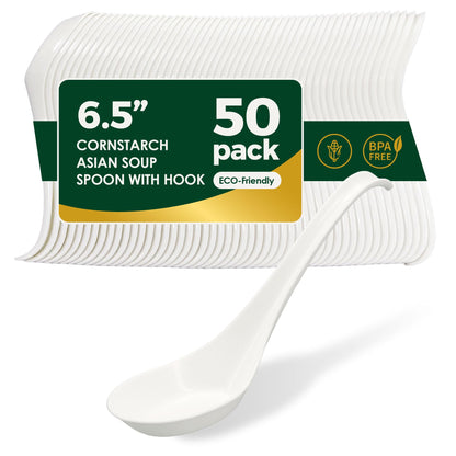 Disposable PLA Cornstarch Asian Soup Spoons with Hook Plastic-Free,600 Pack