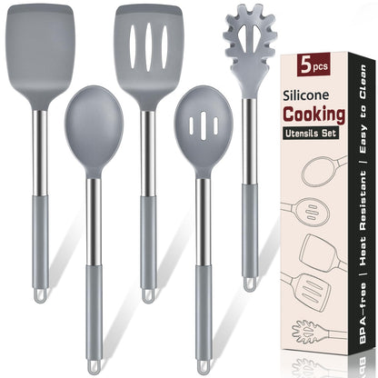 5Pcs Silicone Cooking Utensils Set, Heat Resistant Kitchen Tools Include Solid&Slotted Spatula, Cooking Spoon and Pasta Server, Silicone Kitchen Utensils set for Nonstick Cookware Flipping, Black