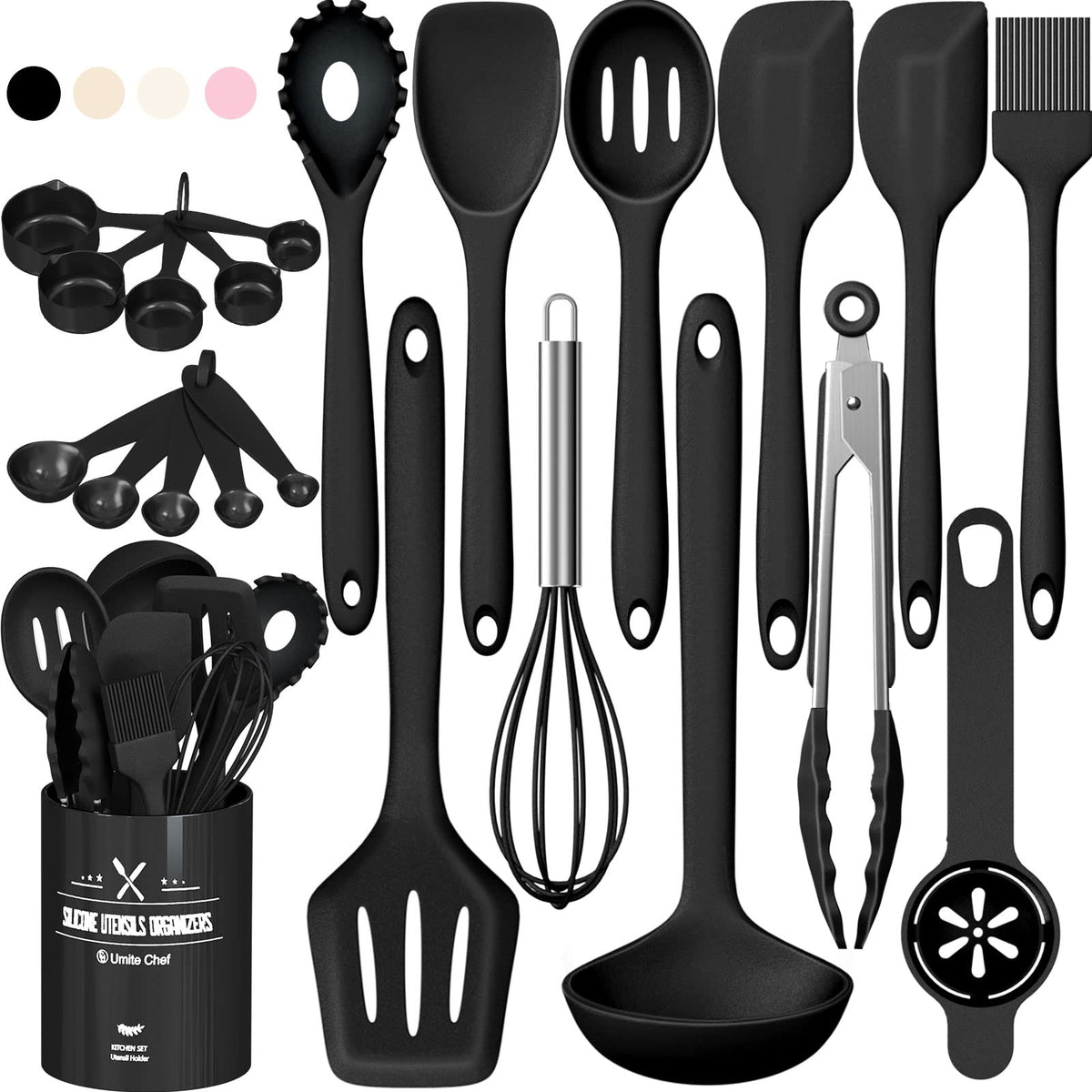 Umite Chef 22-Piece Silicone Cooking Utensils Set，Heat Resistant & Dishwasher Safe Kitchen Tools, Black Non-Scratch Spatula Set for Nonstick Cookware (Khaki)