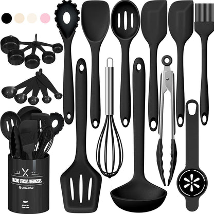 Umite Chef 22-Piece Silicone Cooking Utensils Set，Heat Resistant & Dishwasher Safe Kitchen Tools, Black Non-Scratch Spatula Set for Nonstick Cookware (Khaki)