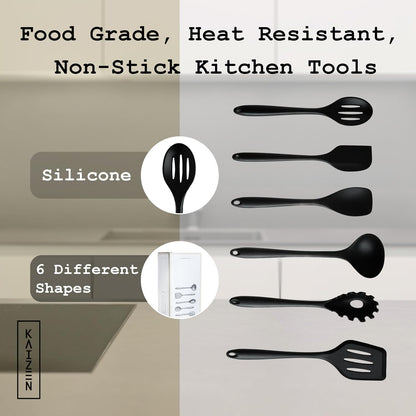 KAIZEN 6 Piece Silicone Utensils Set - All-Purpose Cooking Utensils Set for Kitchen - Non-Stick, Scratch & Heat Resistant Spoon & Spatula Set - Durable & Food Grade Cookware Tools (Black)