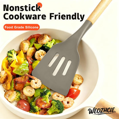 Silicone Cooking Utensil Set,10 PCS Cooking Kitchen Utensils Set, Nonstick Kitchen Utensils 446°F Heat-Resistant Cookware Tools of Spoon,Brush,Whisk,Spatula,Turner Tongs (Khaki)