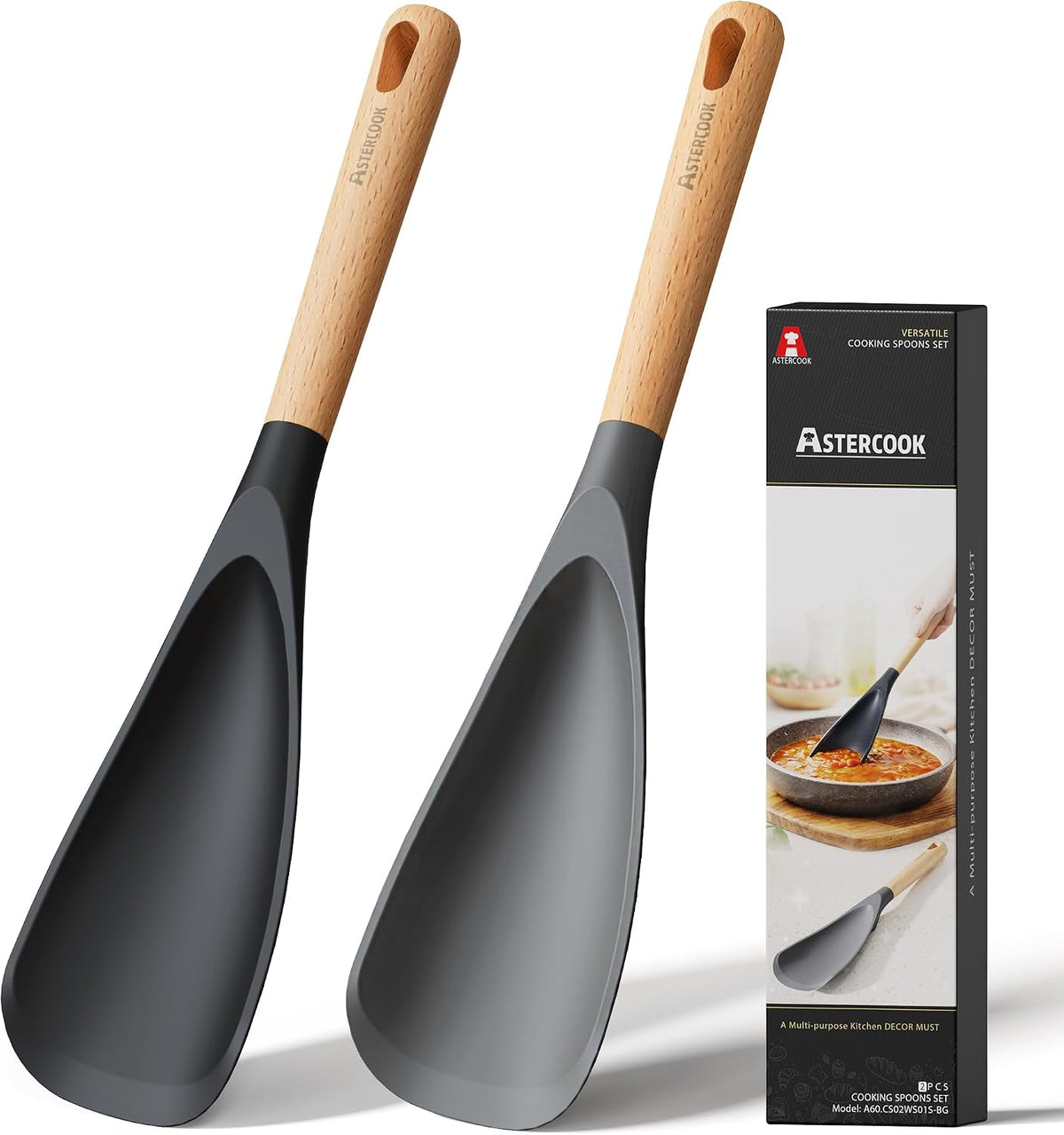 Astercook Cooking Spoon, 2 Pack, Nonstick Safe Silicone Spatula