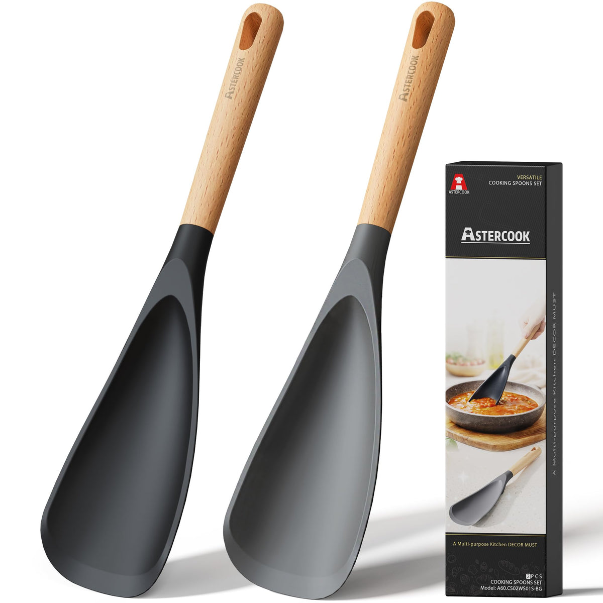 Astercook Cooking Spoon, 2 Pack, Nonstick Safe Silicone Spatula