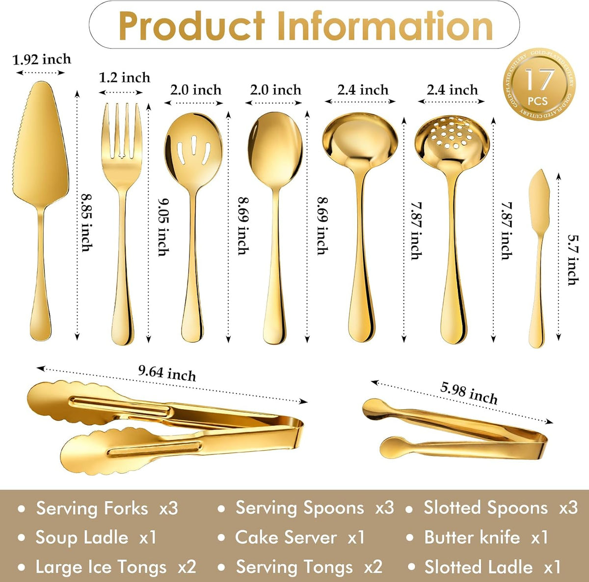 Mwellewm 17Pc Gold Serving Utensils, Stainless Steel Heavy Duty Serving Set