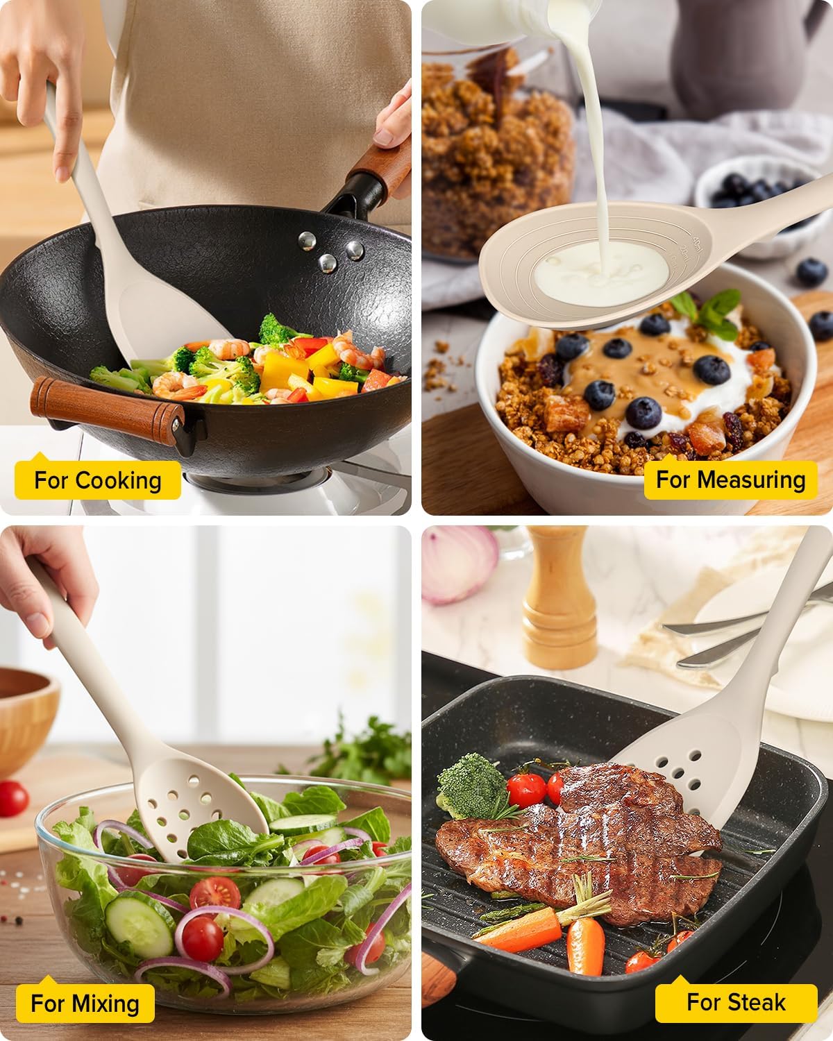BUNDLEPRO Silicone Cooking Utensils Set, 4 Pcs Spatula and Spoon Set, Khaki