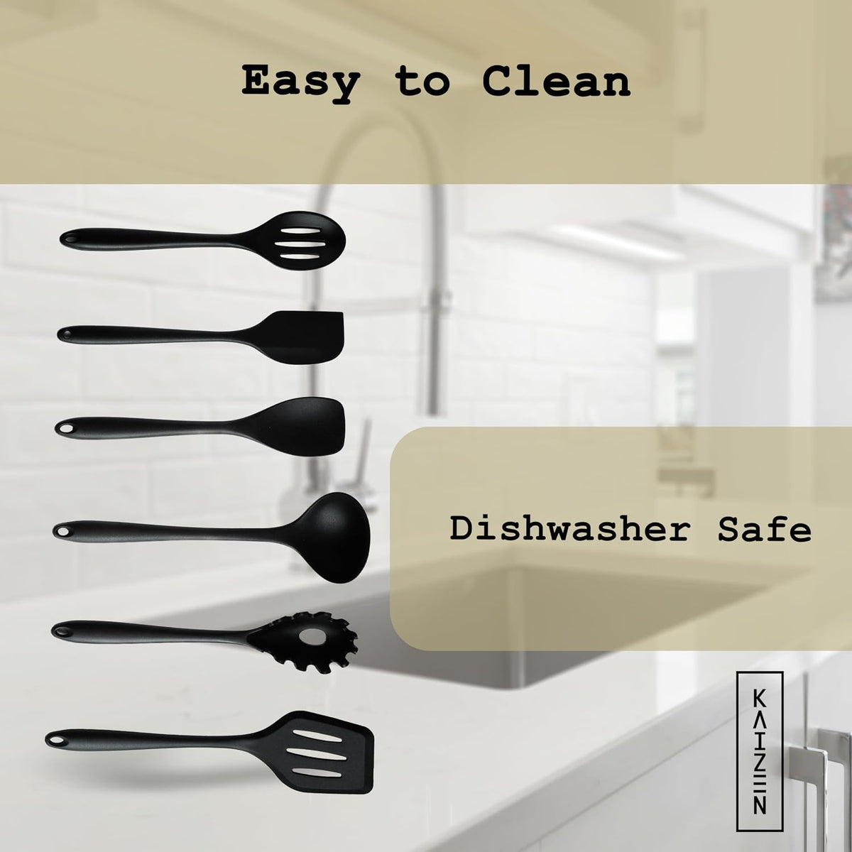 KAIZEN 6 Piece Silicone Utensils Set - All-Purpose Cooking Utensils Set for Kitchen - Non-Stick, Scratch & Heat Resistant Spoon & Spatula Set - Durable & Food Grade Cookware Tools (Black)